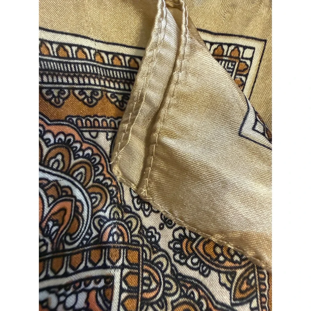 Vintage Paisley Square Scarf Gold Tan Brown Silk Blend Neckerchief Made in USA